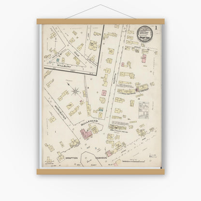 Old map wall art mockup — magnetic wood frame on white wall — Sanborn Fire Insurance Map from Grafton, Worcester County, Massachusetts (1885) - Complete Map Set