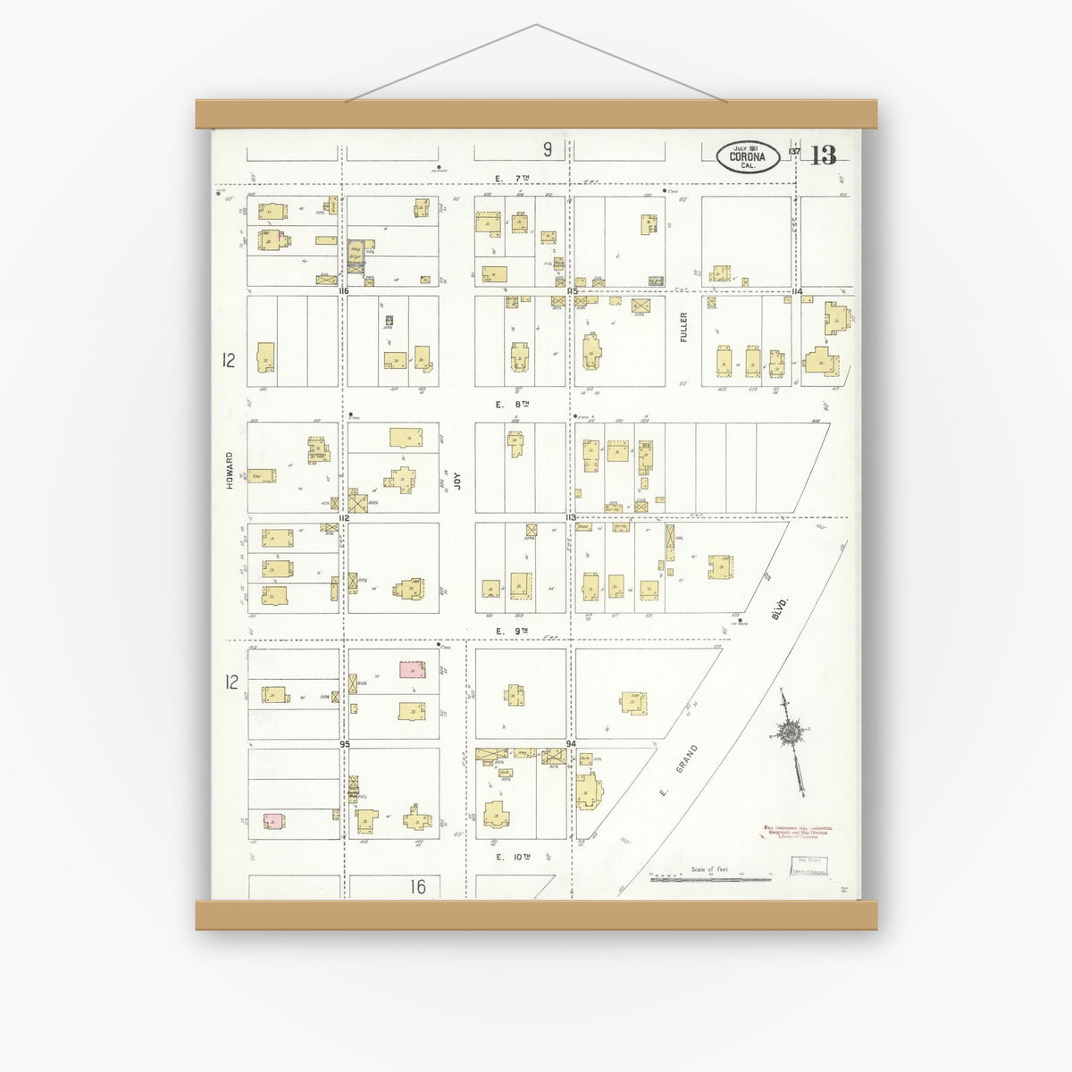 Old map wall art mockup — magnetic wood frame on white wall — Sanborn Fire Insurance Map from Corona, Riverside County, California (1911), Sheet #0013