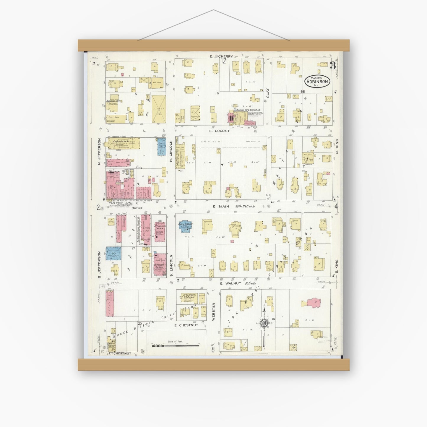 Old map wall art mockup — magnetic wood frame on white wall — Sanborn Fire Insurance Map from Robinson, Crawford County, Illinois (1916), Sheet #0003