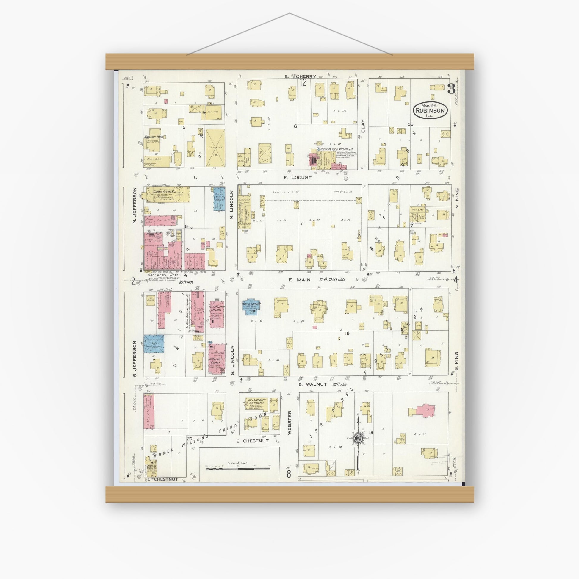 Old map wall art mockup — magnetic wood frame on white wall — Sanborn Fire Insurance Map from Robinson, Crawford County, Illinois (1916), Sheet #0003