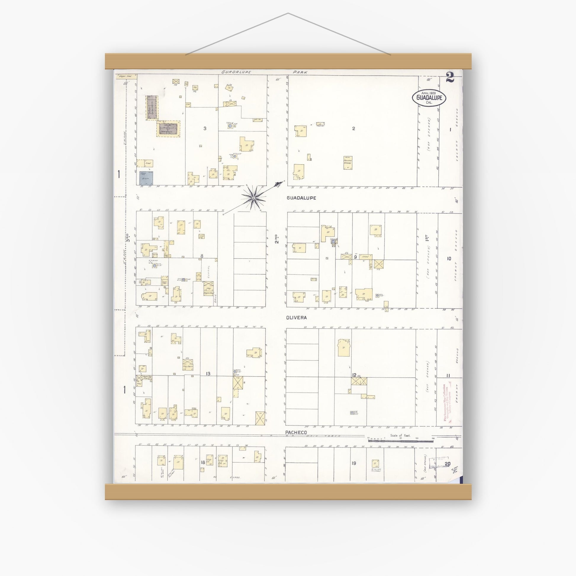 Old map wall art mockup — magnetic wood frame on white wall — Sanborn Fire Insurance Map from Guadalupe, Santa Barbara County, California (1909), Sheet #0002