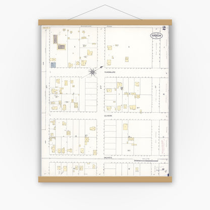 Old map wall art mockup — magnetic wood frame on white wall — Sanborn Fire Insurance Map from Guadalupe, Santa Barbara County, California (1909), Sheet #0002