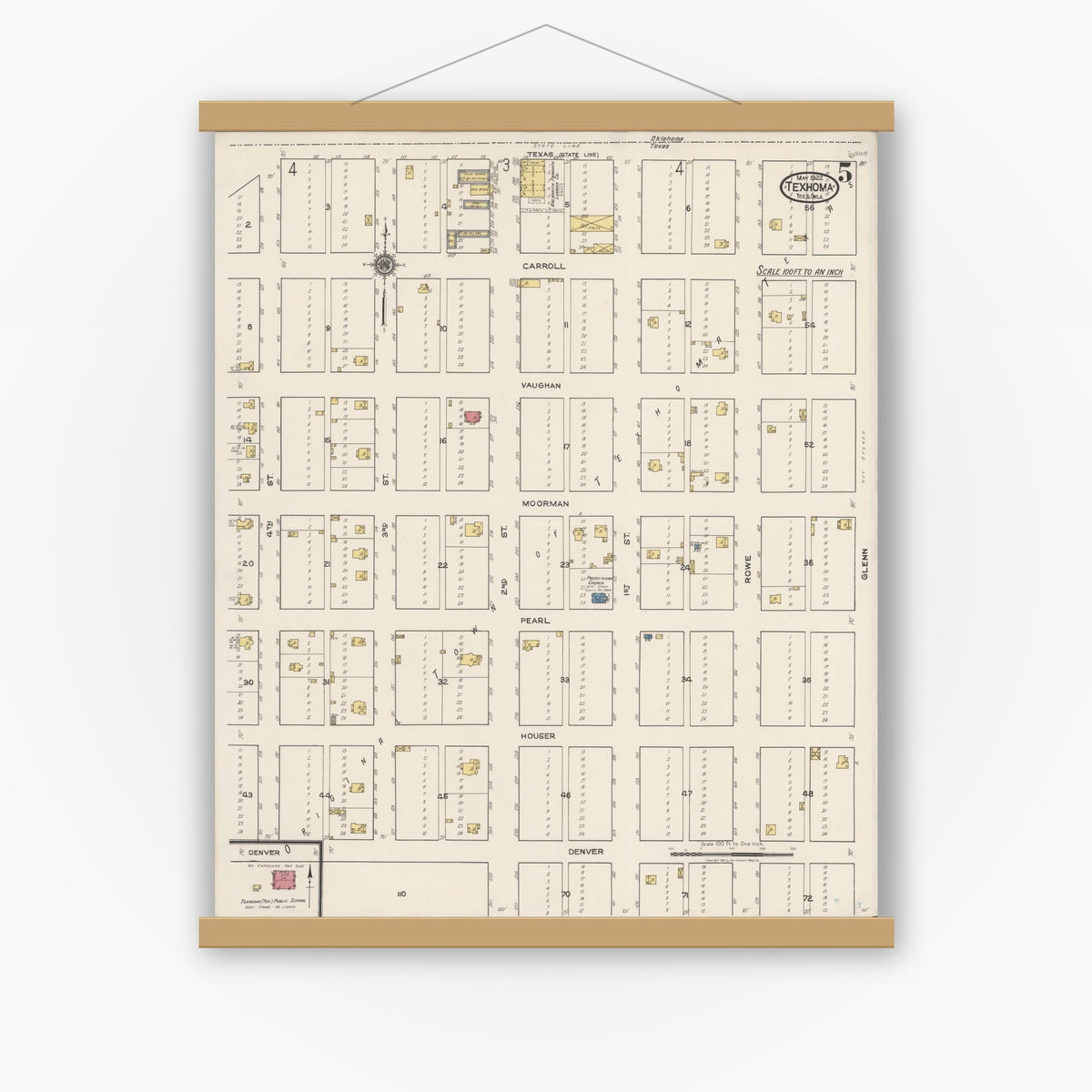 Old map wall art mockup — magnetic wood frame on white wall — Sanborn Fire Insurance Map from Texhoma, Texas County, Oklahoma and Sherman County, Texas, Texas (1922), Sheet #0005