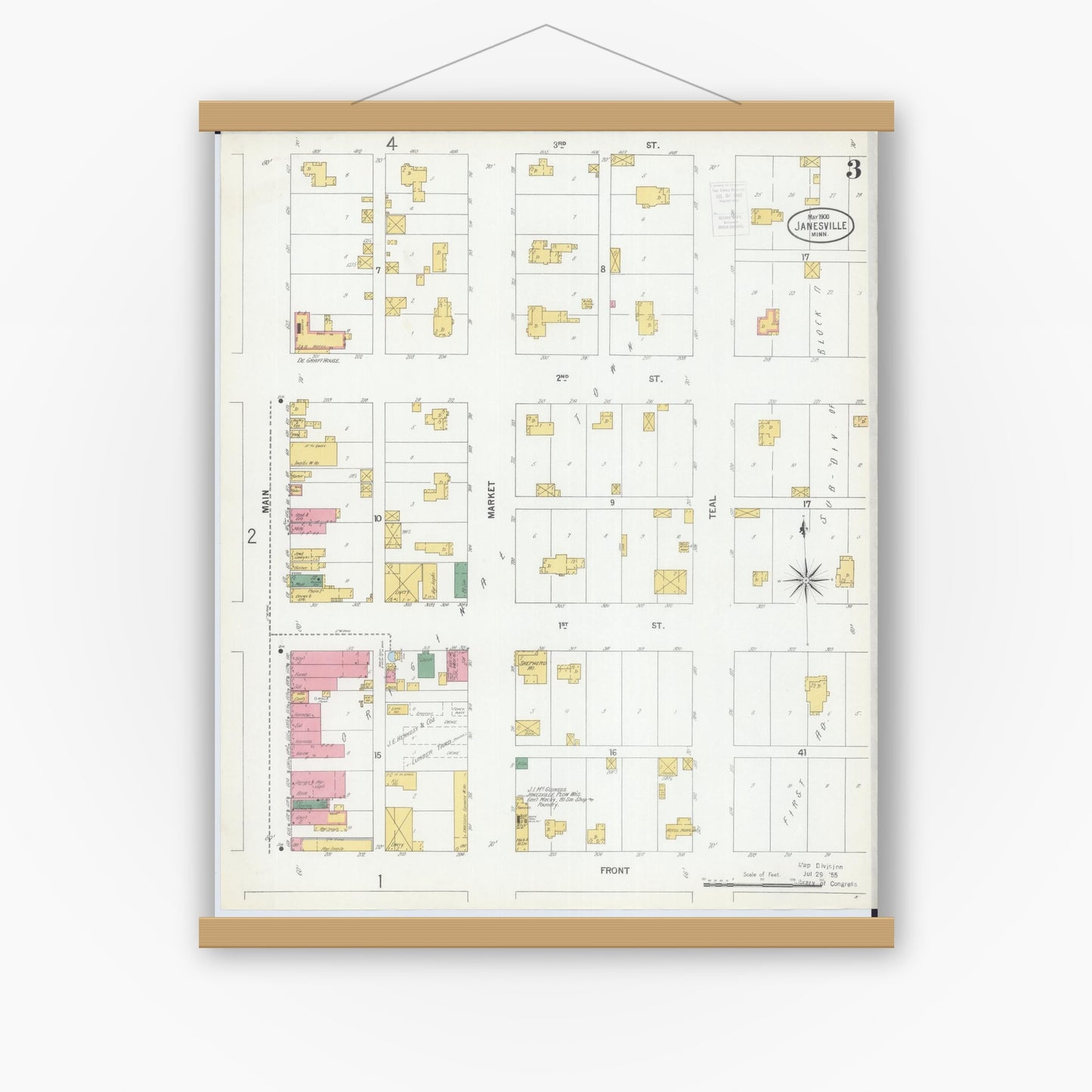 Old map wall art mockup — magnetic wood frame on white wall — Sanborn Fire Insurance Map from Janesville, Waseca County, Minnesota (1900), Sheet #0003