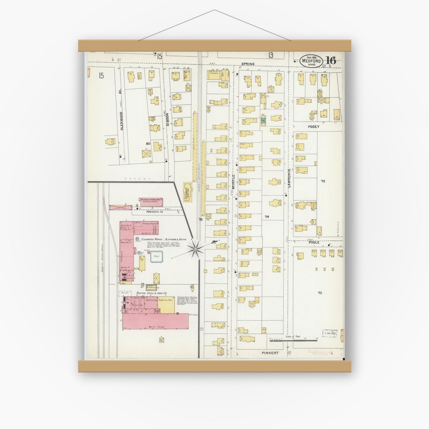 Old map wall art mockup — magnetic wood frame on white wall — Sanborn Fire Insurance Map from Medford, Middlesex County, Massachusetts (1903), Sheet #0016
