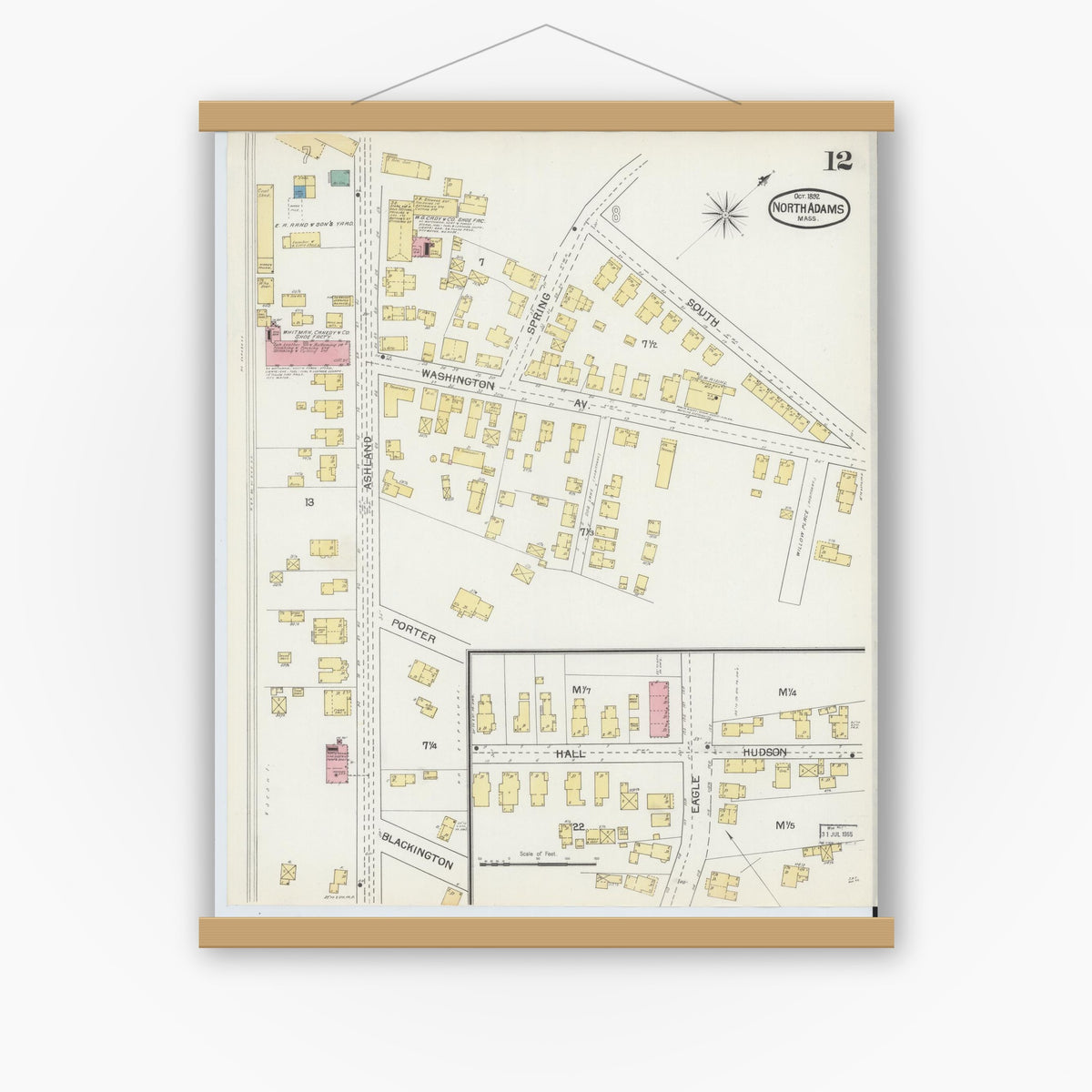 Old map wall art mockup — magnetic wood frame on white wall — Sanborn Fire Insurance Map from North Adams, Berkshire County, Massachusetts (1892), Sheet #0012