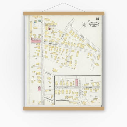 Old map wall art mockup — magnetic wood frame on white wall — Sanborn Fire Insurance Map from North Adams, Berkshire County, Massachusetts (1892), Sheet #0012