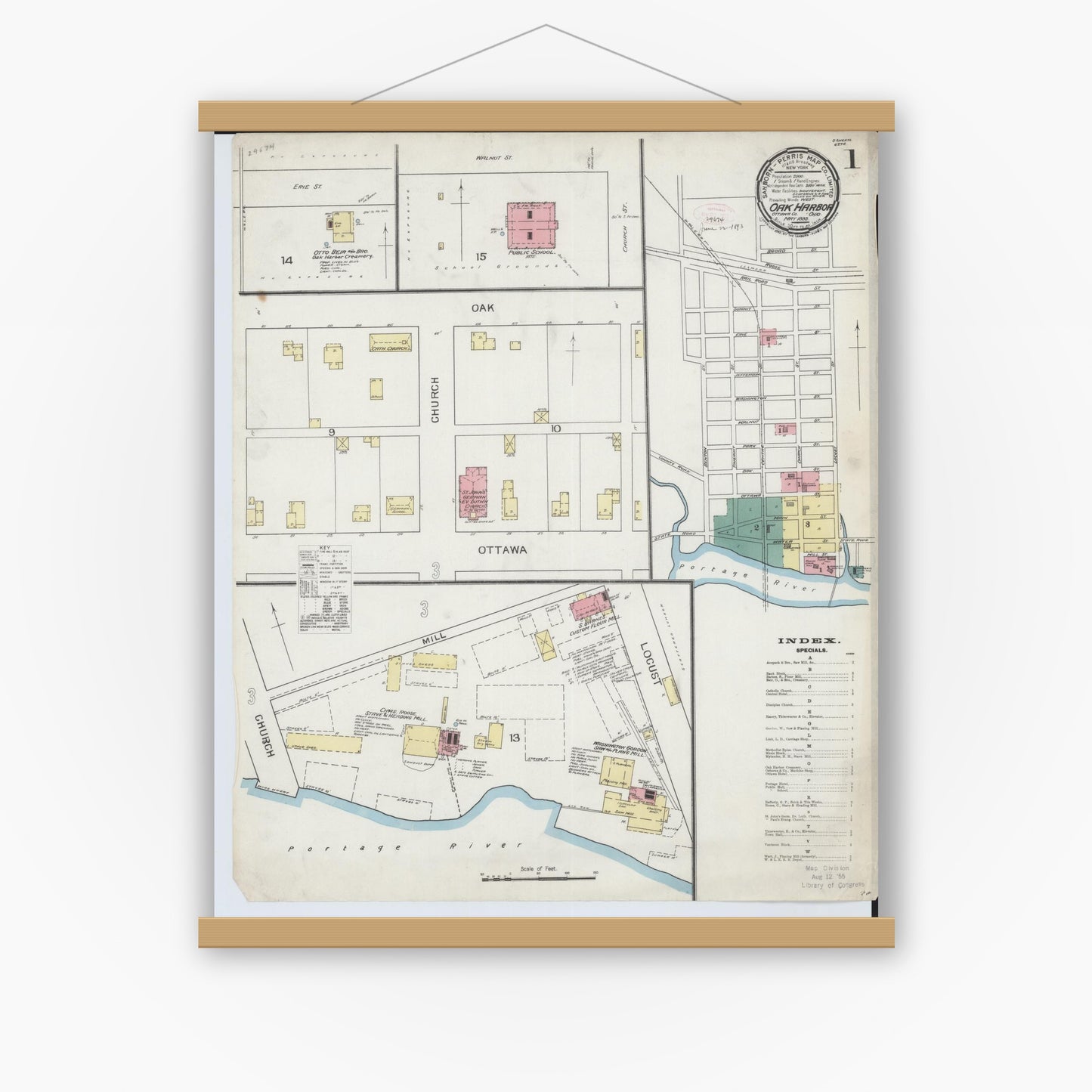 Old map wall art mockup — magnetic wood frame on white wall — Sanborn Fire Insurance Map from Oak Harbor, Ottawa County, Ohio (1893), Sheet #0001