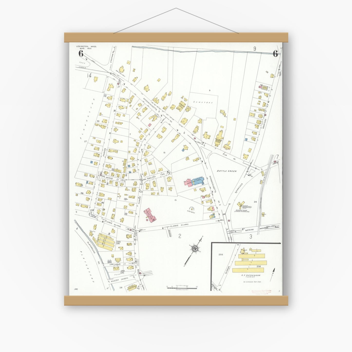 Old map wall art mockup — magnetic wood frame on white wall — Sanborn Fire Insurance Map from Lexington, Middlesex County, Massachusetts (1935), Sheet #0006