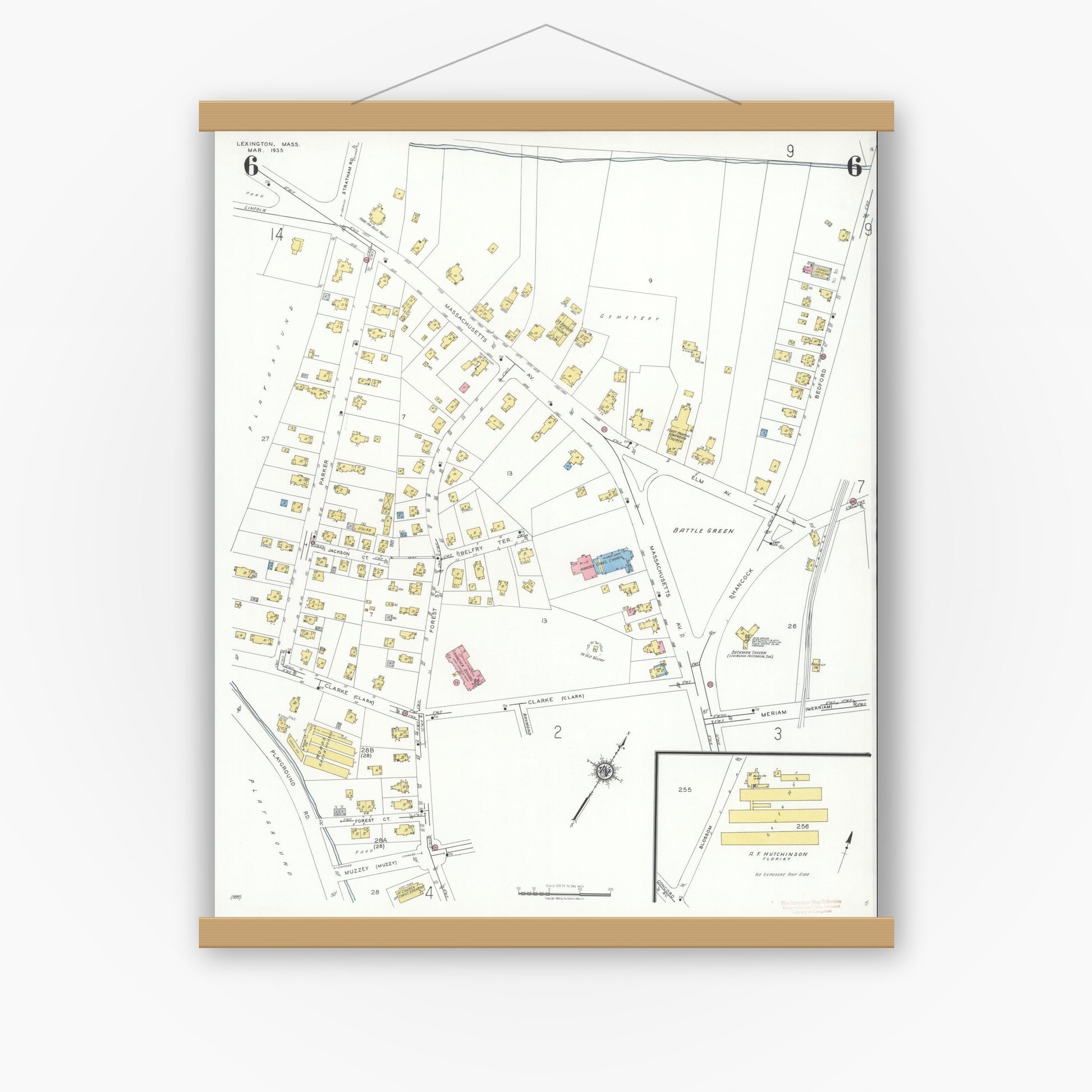 Old map wall art mockup — magnetic wood frame on white wall — Sanborn Fire Insurance Map from Lexington, Middlesex County, Massachusetts (1935), Sheet #0006