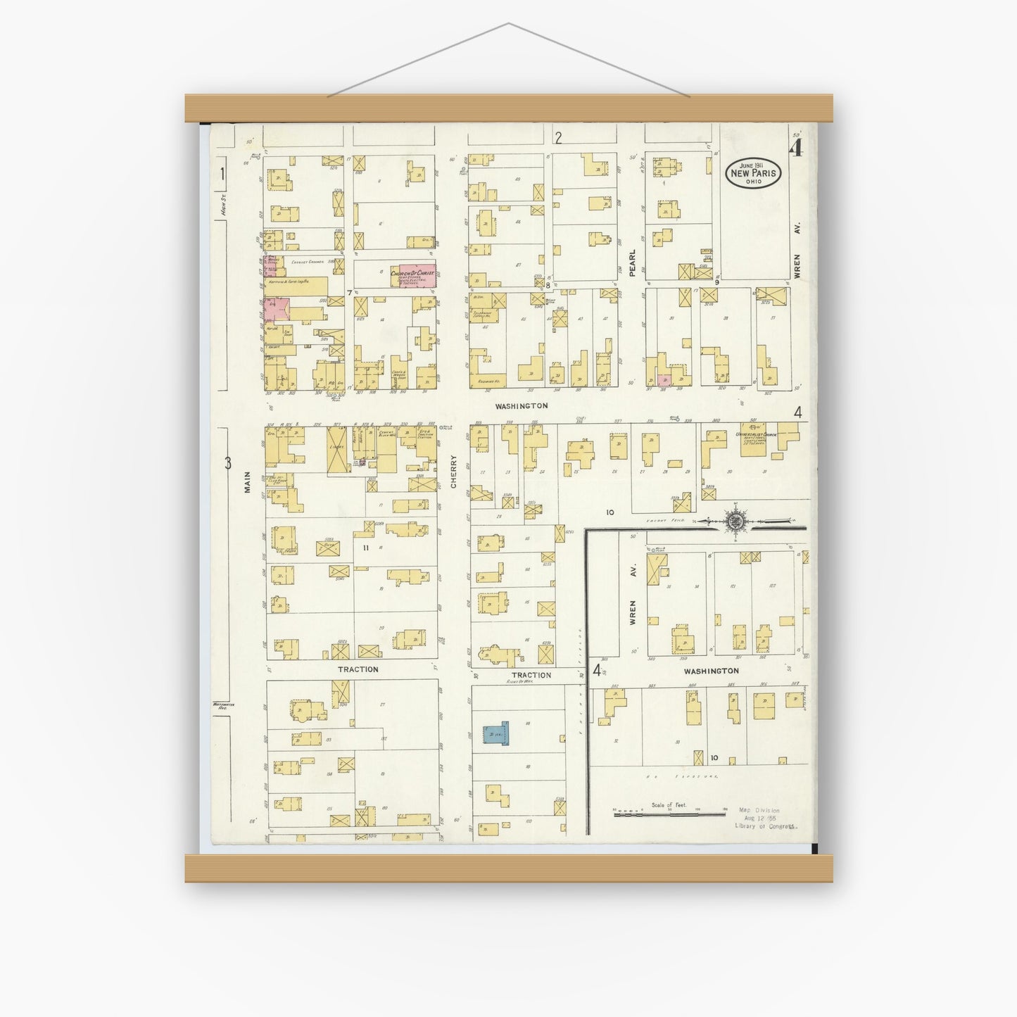 Old map wall art mockup — magnetic wood frame on white wall — Sanborn Fire Insurance Map from New Paris, Preble County, Ohio (1911), Sheet #0004