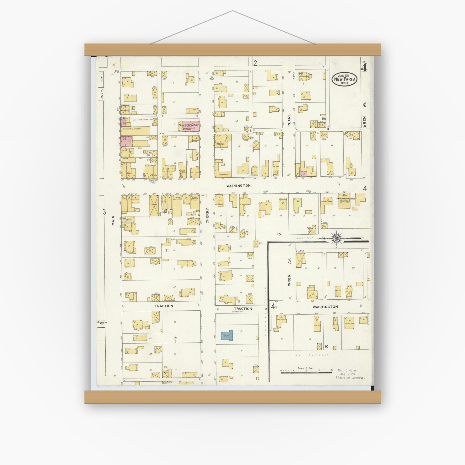 Old map wall art mockup — magnetic wood frame on white wall — Sanborn Fire Insurance Map from New Paris, Preble County, Ohio (1911), Sheet #0004