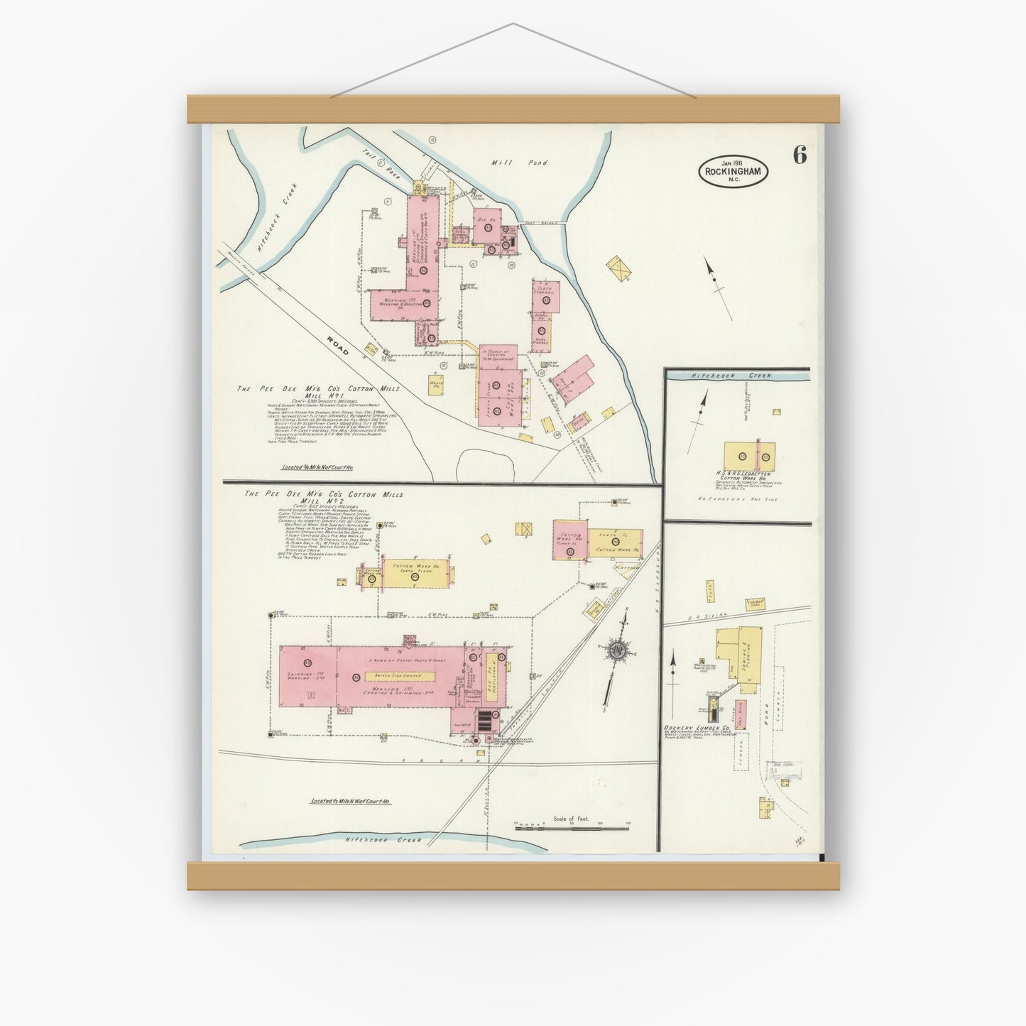 Old map wall art mockup — magnetic wood frame on white wall — Sanborn Fire Insurance Map from Rockingham, Richmond County, North Carolina (1911), Sheet #0006