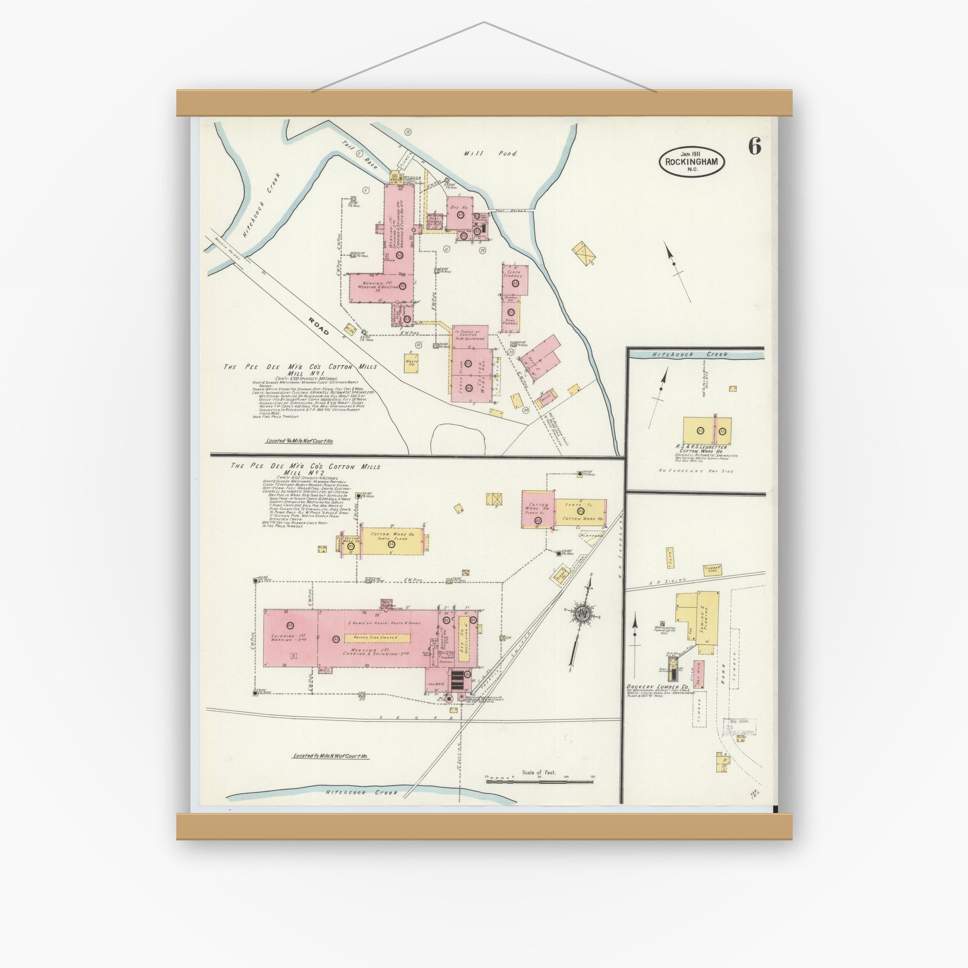 Old map wall art mockup — magnetic wood frame on white wall — Sanborn Fire Insurance Map from Rockingham, Richmond County, North Carolina (1911), Sheet #0006