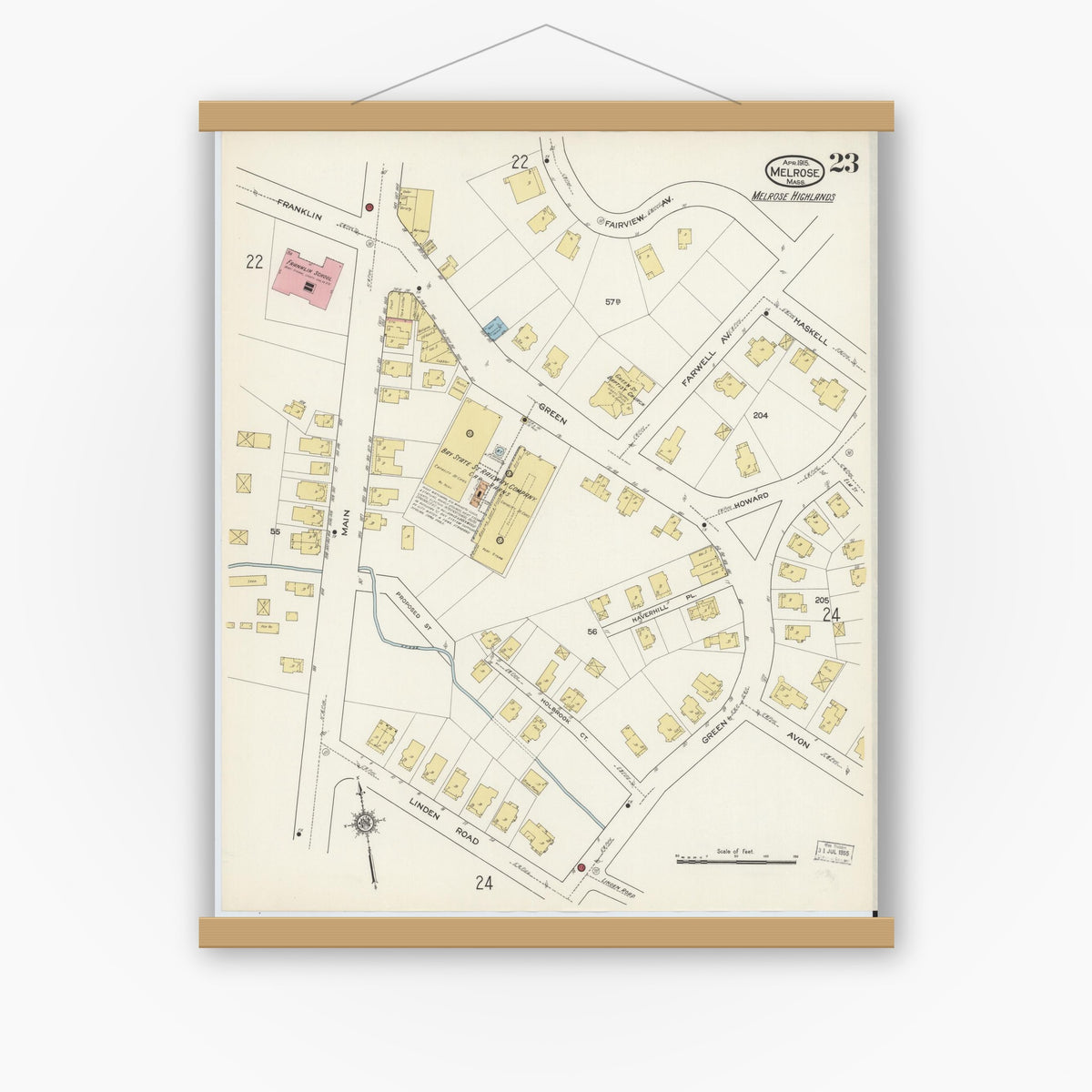 Old map wall art mockup — magnetic wood frame on white wall — Sanborn Fire Insurance Map from Melrose, Middlesex County, Massachusetts (1915), Sheet #0023