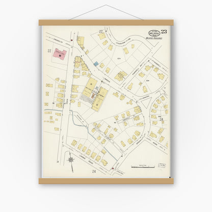 Old map wall art mockup — magnetic wood frame on white wall — Sanborn Fire Insurance Map from Melrose, Middlesex County, Massachusetts (1915), Sheet #0023