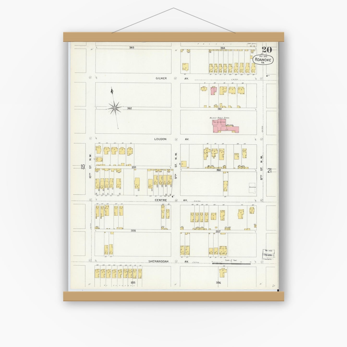 Old map wall art mockup — magnetic wood frame on white wall — Sanborn Fire Insurance Map from Roanoke, Independent Cities, Virginia (1903), Sheet #0020