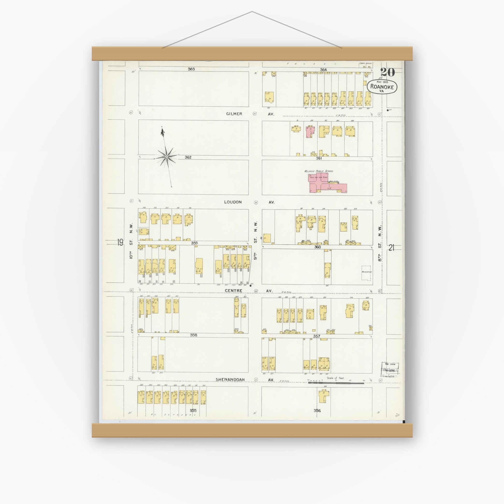 Old map wall art mockup — magnetic wood frame on white wall — Sanborn Fire Insurance Map from Roanoke, Independent Cities, Virginia (1903), Sheet #0020