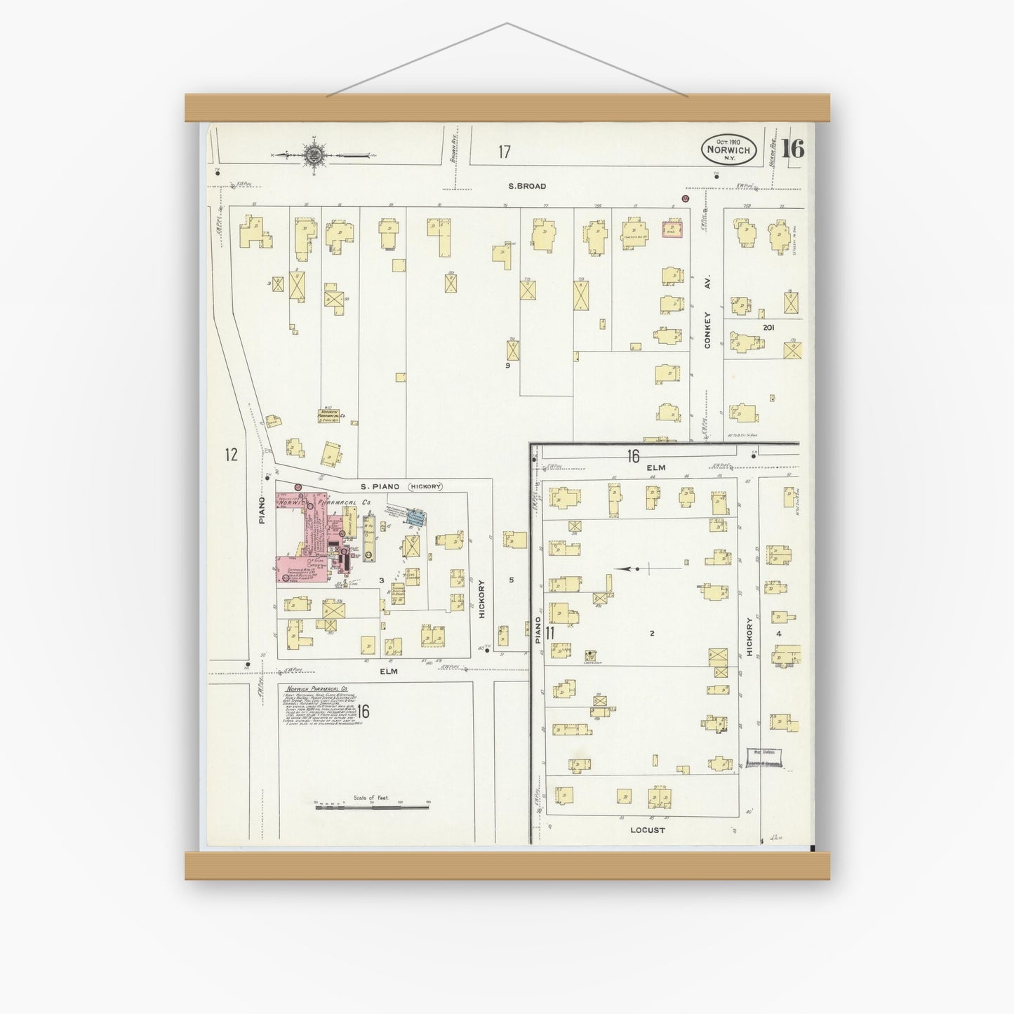 Old map wall art mockup — magnetic wood frame on white wall — Sanborn Fire Insurance Map from Norwich, Chenango County, New York (1910), Sheet #0016