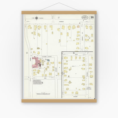 Old map wall art mockup — magnetic wood frame on white wall — Sanborn Fire Insurance Map from Norwich, Chenango County, New York (1910), Sheet #0016
