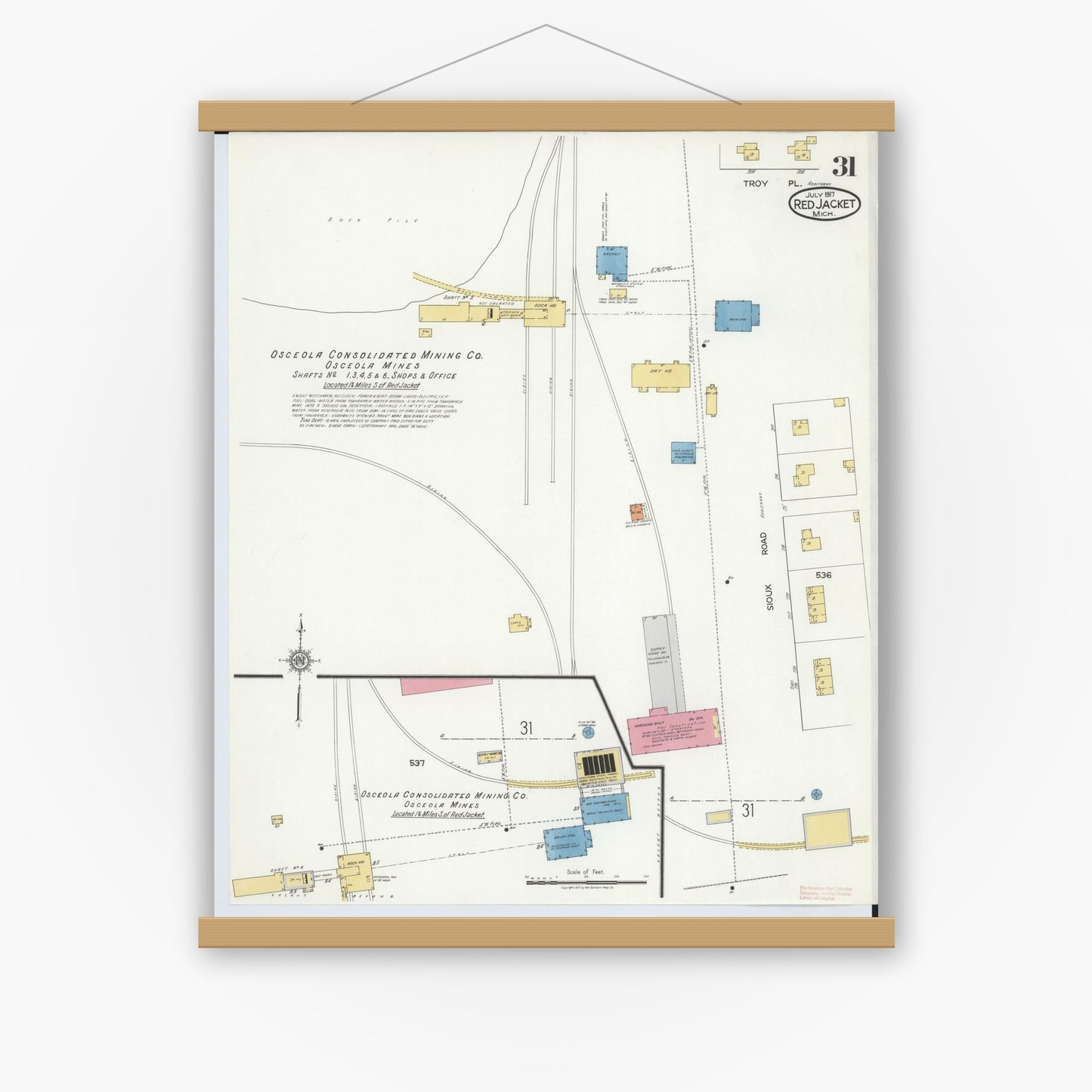 Old map wall art mockup — magnetic wood frame on white wall — Sanborn Fire Insurance Map from Red Jacket, Houghton County, Michigan (1917), Sheet #0031