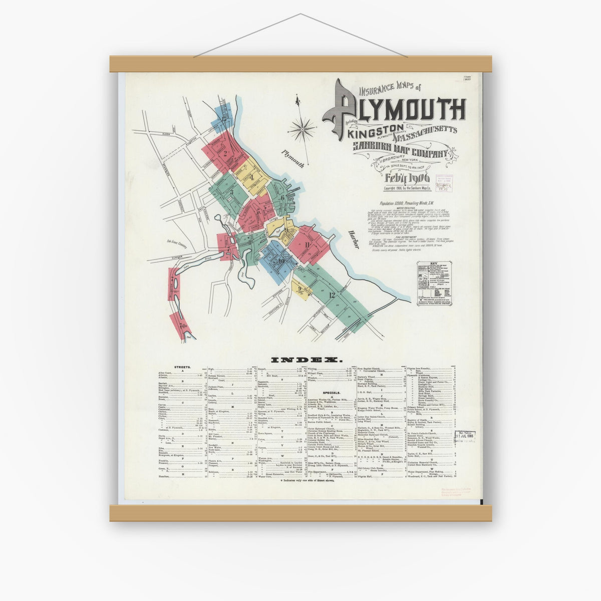 Old map wall art mockup — magnetic wood frame on white wall — Sanborn Fire Insurance Map from Plymouth, Plymouth County, Massachusetts (1906), Sheet #0001