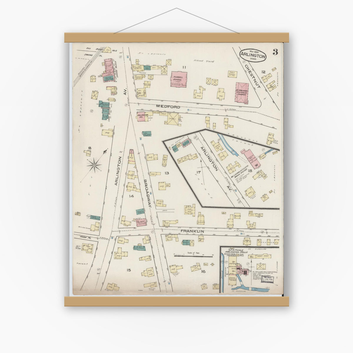 Old map wall art mockup — magnetic wood frame on white wall — Sanborn Fire Insurance Map from Arlington, Middlesex County, Massachusetts (1885), Sheet #0003