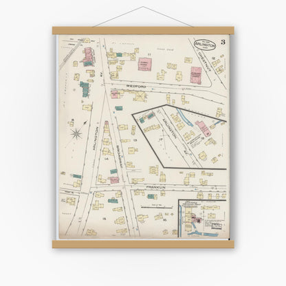 Old map wall art mockup — magnetic wood frame on white wall — Sanborn Fire Insurance Map from Arlington, Middlesex County, Massachusetts (1885), Sheet #0003