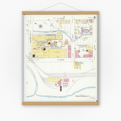 Old map wall art mockup — magnetic wood frame on white wall — Sanborn Fire Insurance Map from Ironton, Lawrence County, Ohio (1909), Sheet #0005