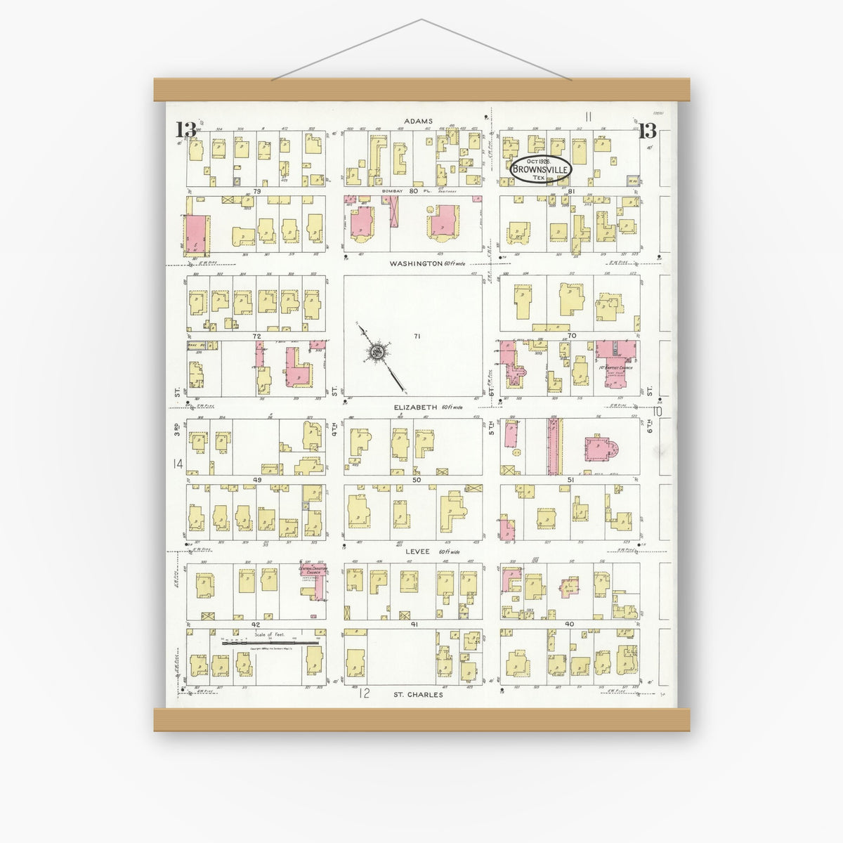 Old map wall art mockup — magnetic wood frame on white wall — Sanborn Fire Insurance Map from Brownsville, Cameron County, Texas (1926), Sheet #0013