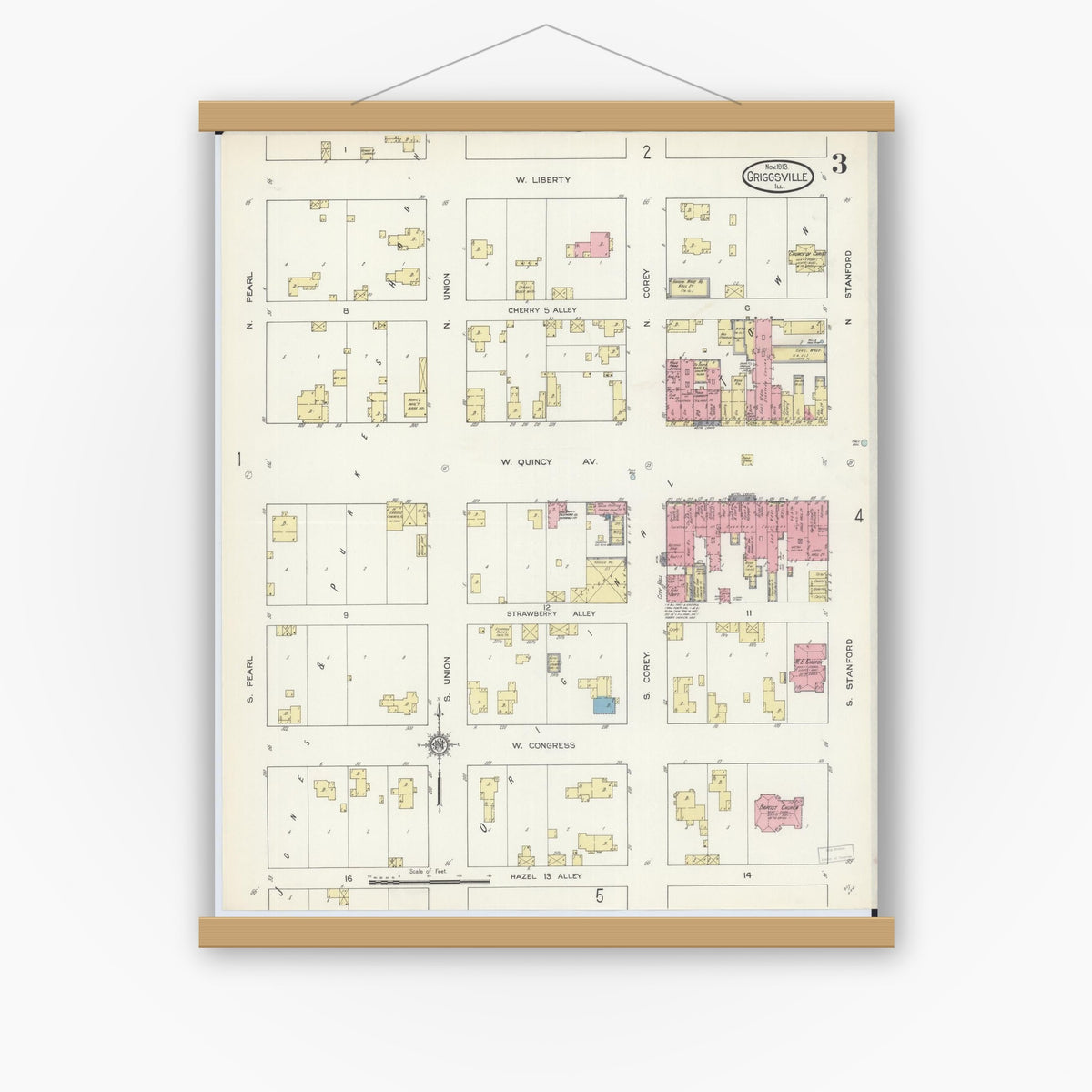 Old map wall art mockup — magnetic wood frame on white wall — Sanborn Fire Insurance Map from Griggsville, Pike County, Illinois (1913), Sheet #0003