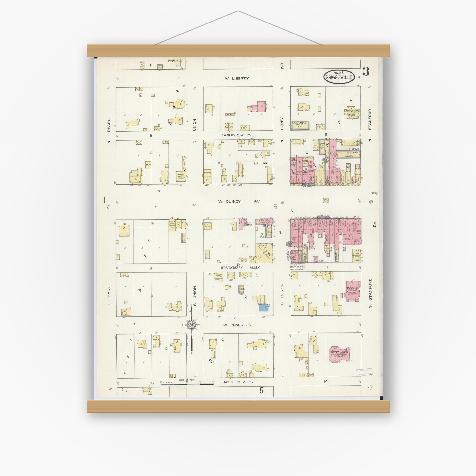 Old map wall art mockup — magnetic wood frame on white wall — Sanborn Fire Insurance Map from Griggsville, Pike County, Illinois (1913), Sheet #0003