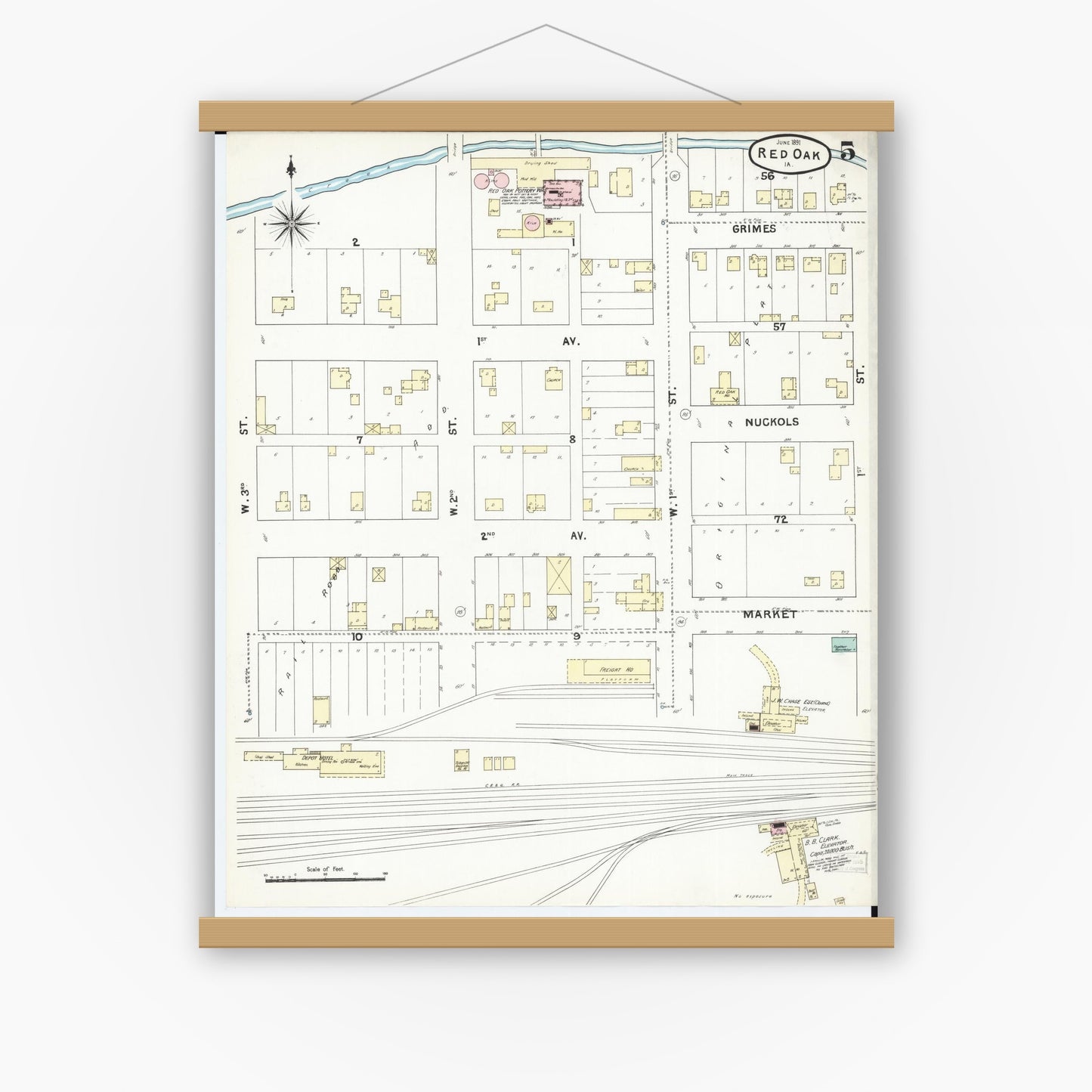 Old map wall art mockup — magnetic wood frame on white wall — Sanborn Fire Insurance Map from Red Oak, Montgomery County, Iowa (1891), Sheet #0005