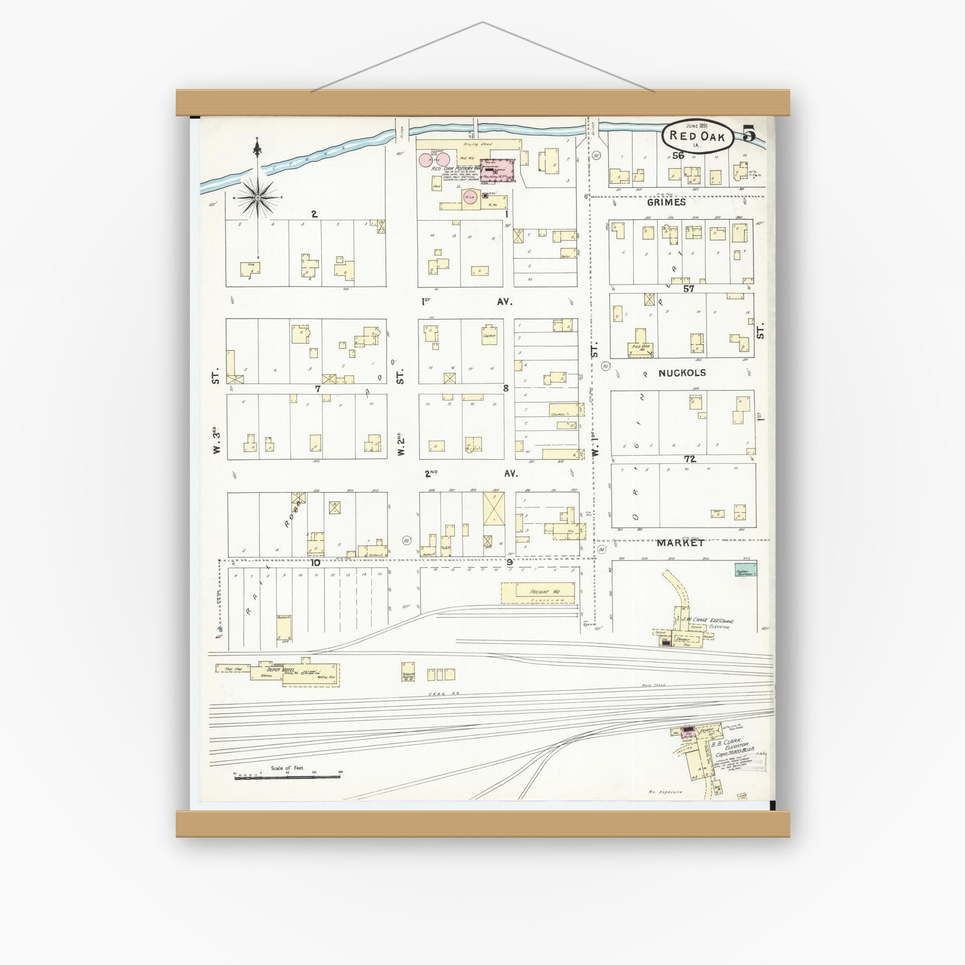 Old map wall art mockup — magnetic wood frame on white wall — Sanborn Fire Insurance Map from Red Oak, Montgomery County, Iowa (1891), Sheet #0005