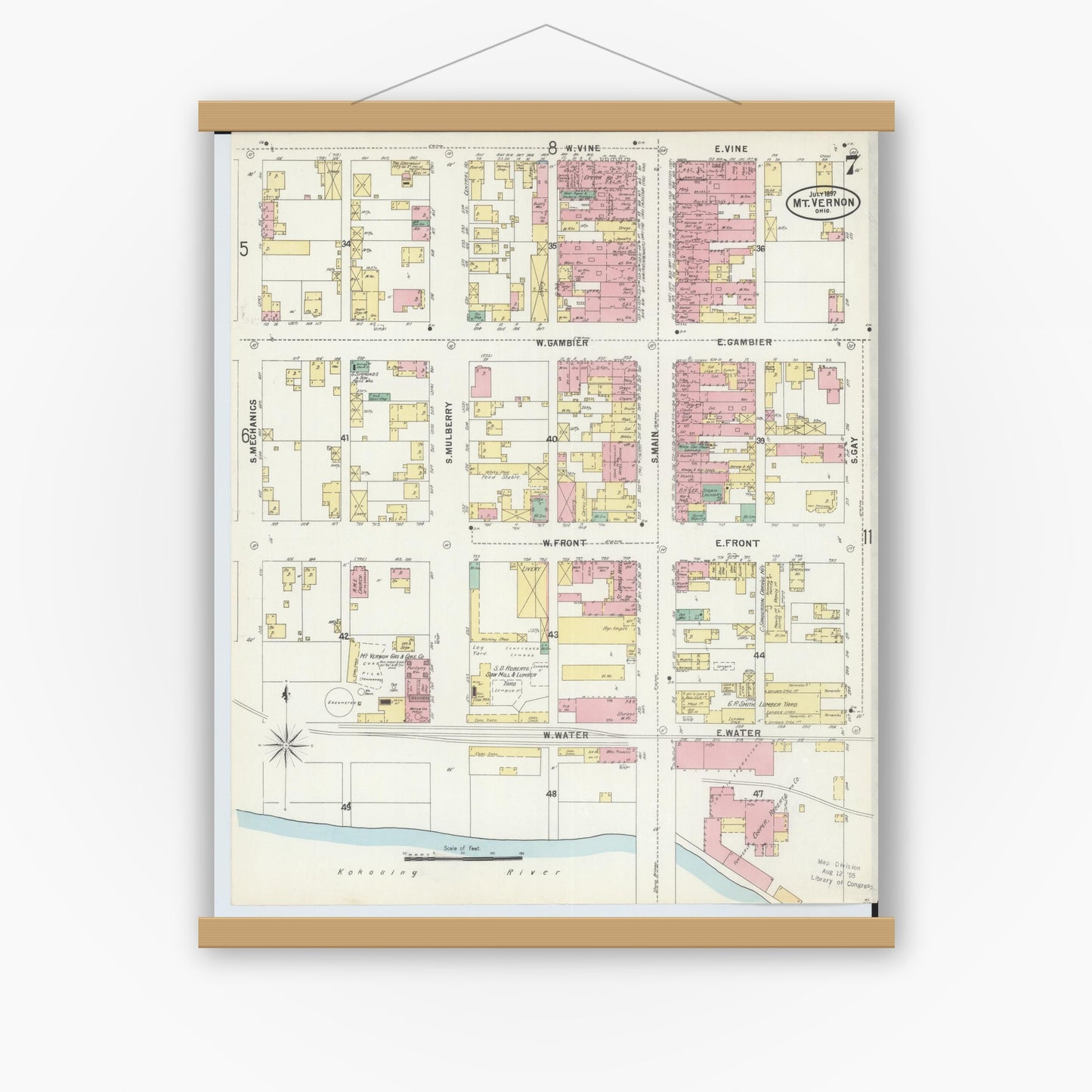 Old map wall art mockup — magnetic wood frame on white wall — Sanborn Fire Insurance Map from Mount Vernon, Knox County, Ohio (1897), Sheet #0007