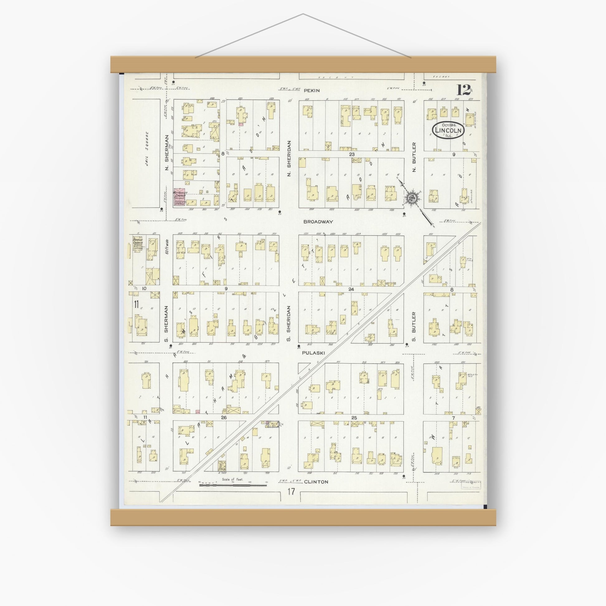 Old map wall art mockup — magnetic wood frame on white wall — Sanborn Fire Insurance Map from Lincoln, Logan County, Illinois (1914), Sheet #0012