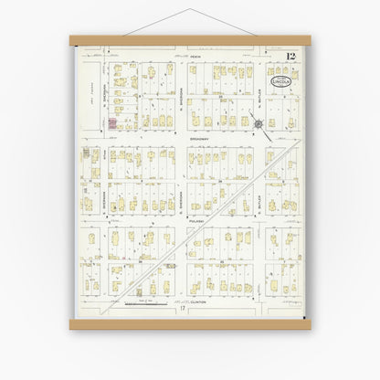 Old map wall art mockup — magnetic wood frame on white wall — Sanborn Fire Insurance Map from Lincoln, Logan County, Illinois (1914), Sheet #0012