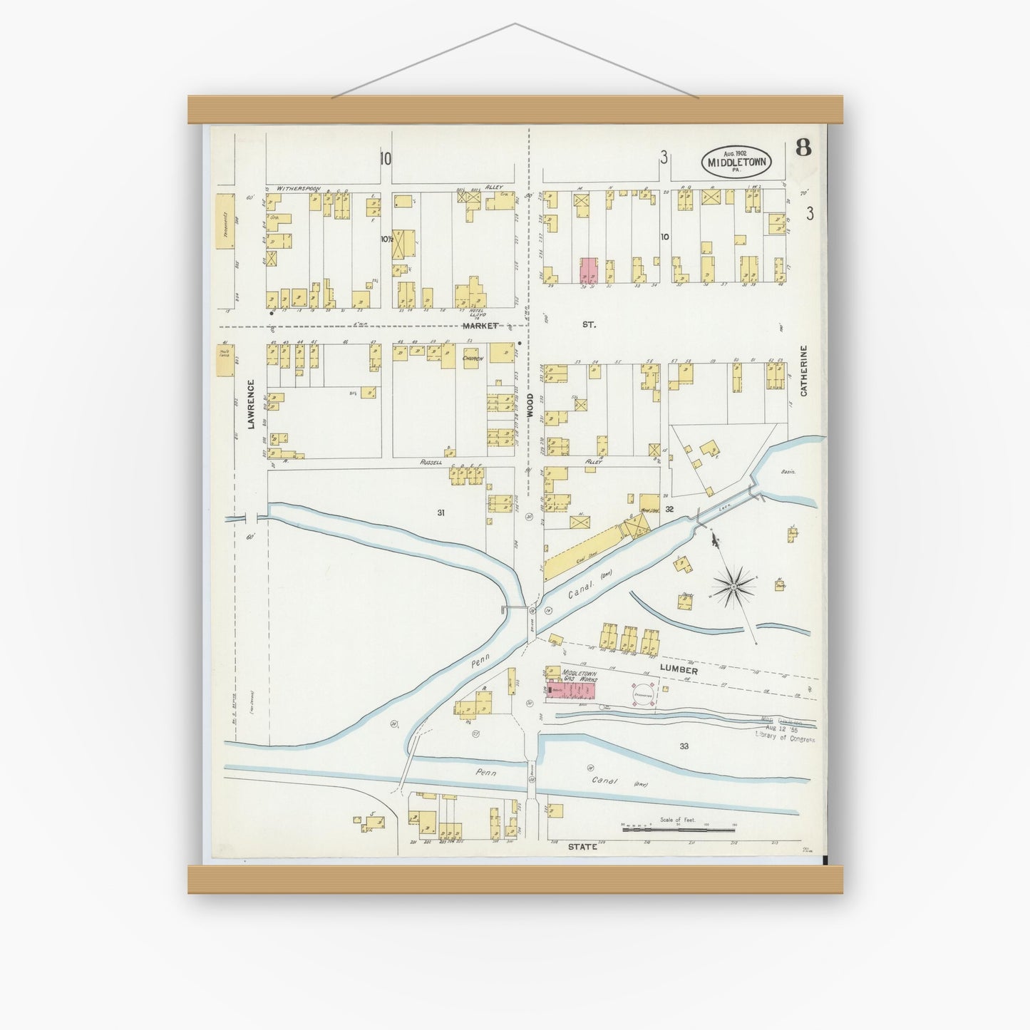 Old map wall art mockup — magnetic wood frame on white wall — Sanborn Fire Insurance Map from Middletown, Dauphin County, Pennsylvania (1902), Sheet #0008