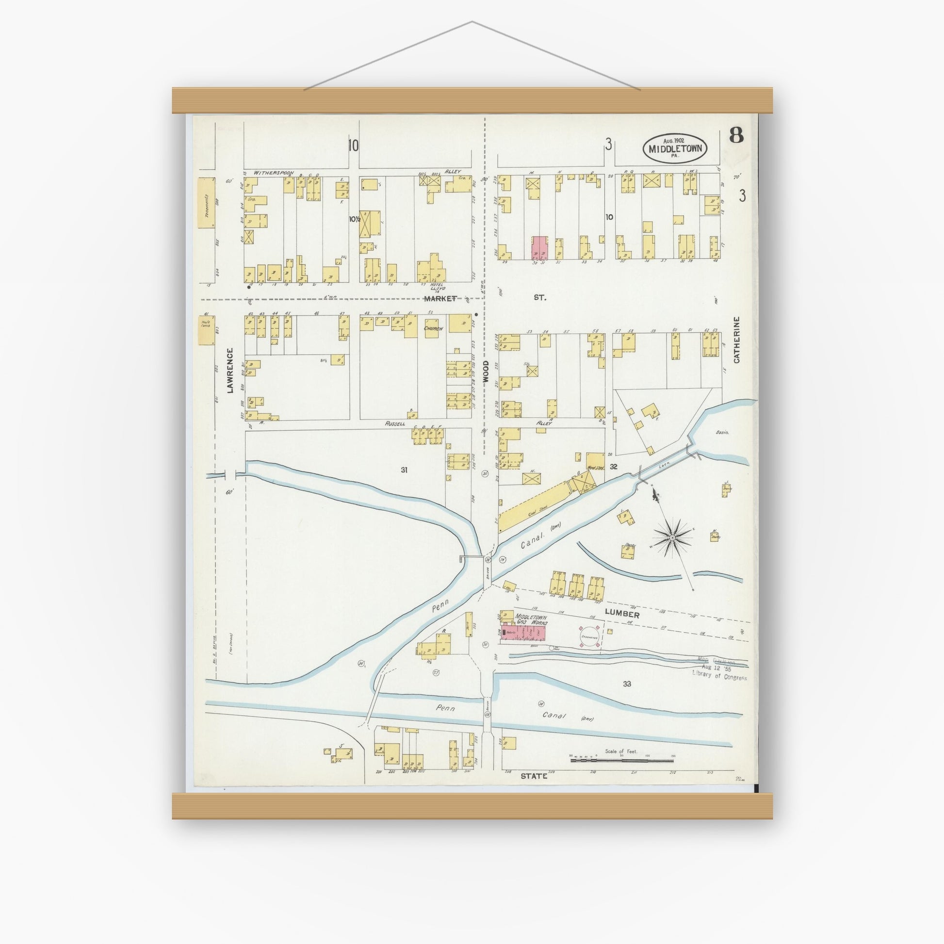 Old map wall art mockup — magnetic wood frame on white wall — Sanborn Fire Insurance Map from Middletown, Dauphin County, Pennsylvania (1902), Sheet #0008