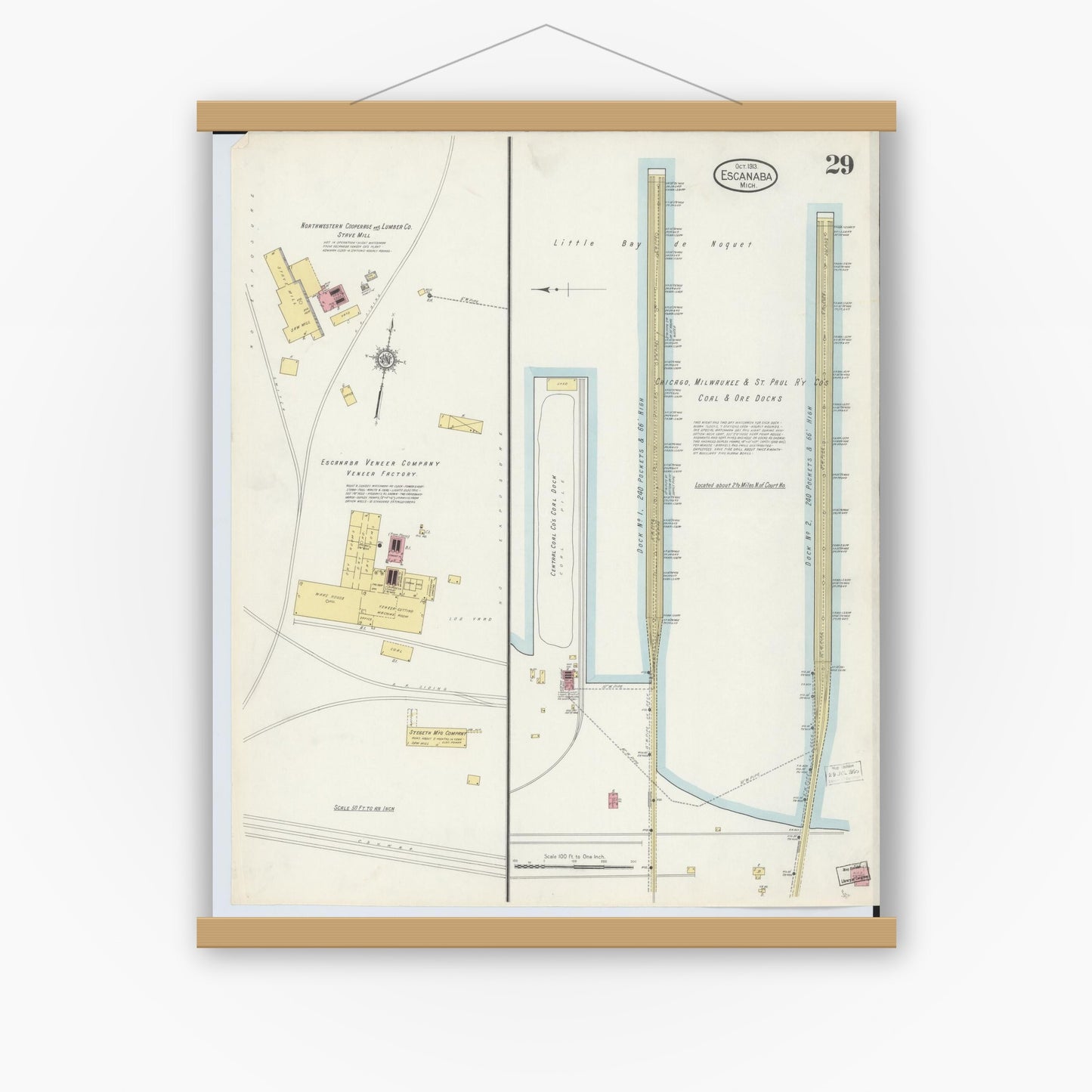Old map wall art mockup — magnetic wood frame on white wall — Sanborn Fire Insurance Map from Escanaba, Delta County, Michigan (1913), Sheet #0029