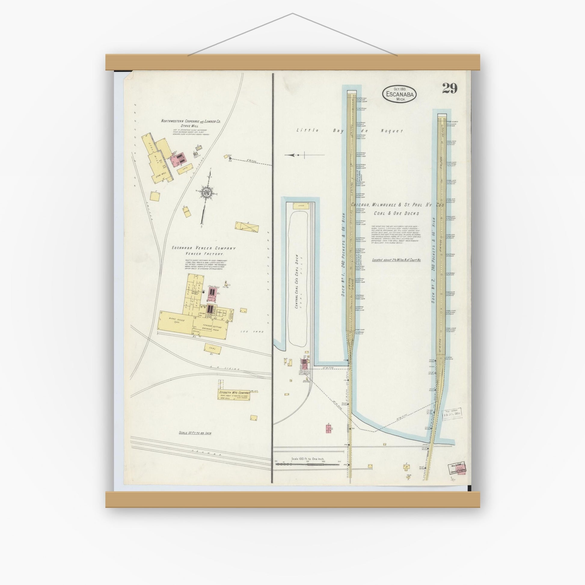 Old map wall art mockup — magnetic wood frame on white wall — Sanborn Fire Insurance Map from Escanaba, Delta County, Michigan (1913), Sheet #0029