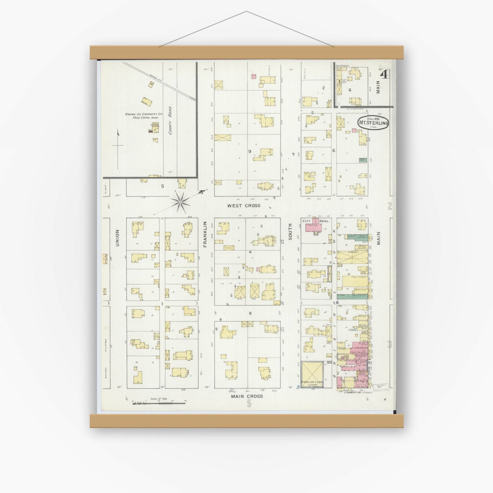 Old map wall art mockup — magnetic wood frame on white wall — Sanborn Fire Insurance Map from Mount Sterling, Brown County, Illinois (1894), Sheet #0004
