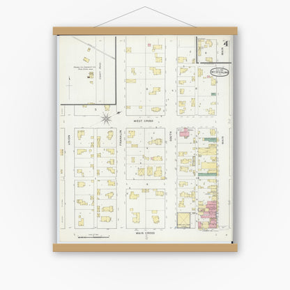 Old map wall art mockup — magnetic wood frame on white wall — Sanborn Fire Insurance Map from Mount Sterling, Brown County, Illinois (1894), Sheet #0004