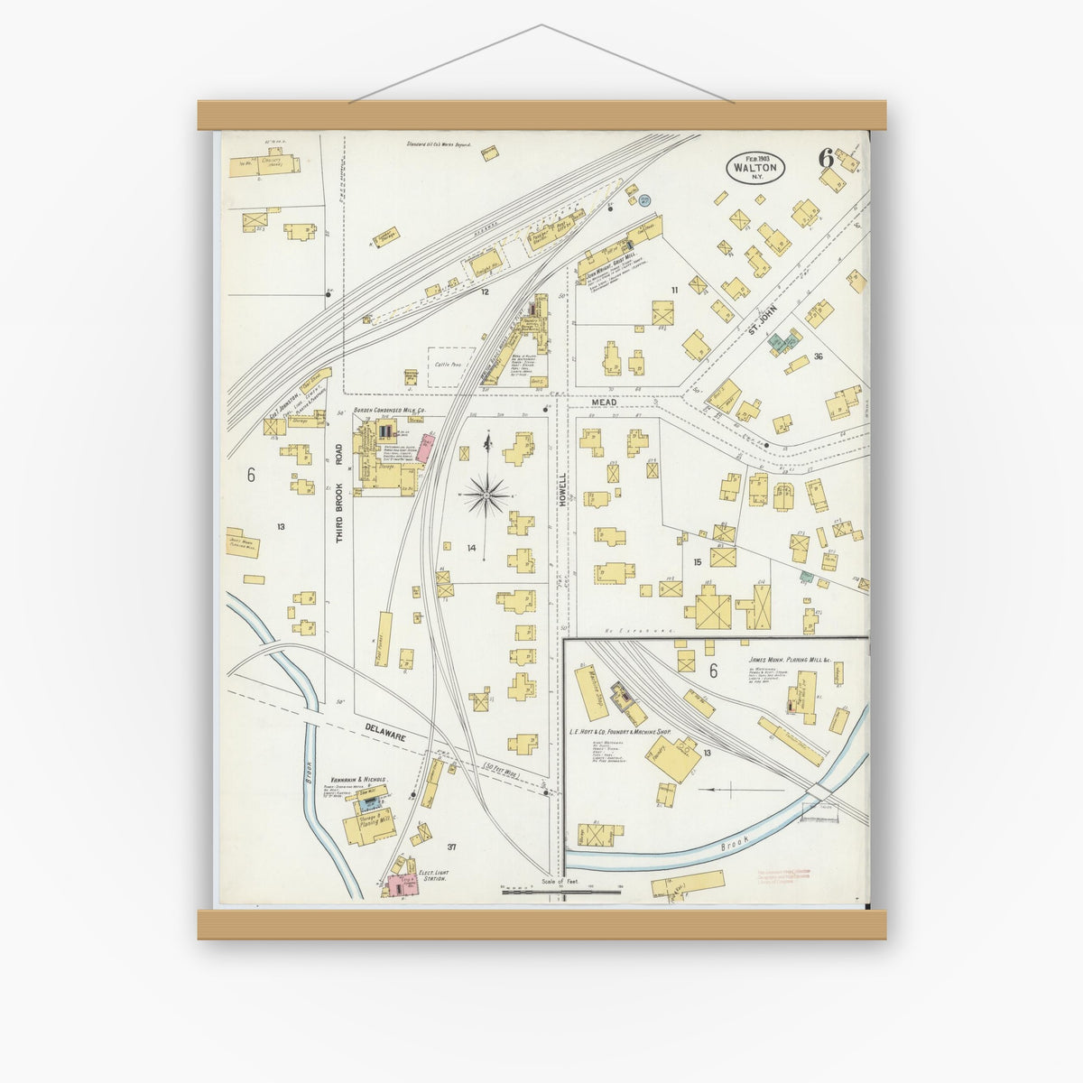 Old map wall art mockup — magnetic wood frame on white wall — Sanborn Fire Insurance Map from Walton, Delaware County, New York (1903), Sheet #0006