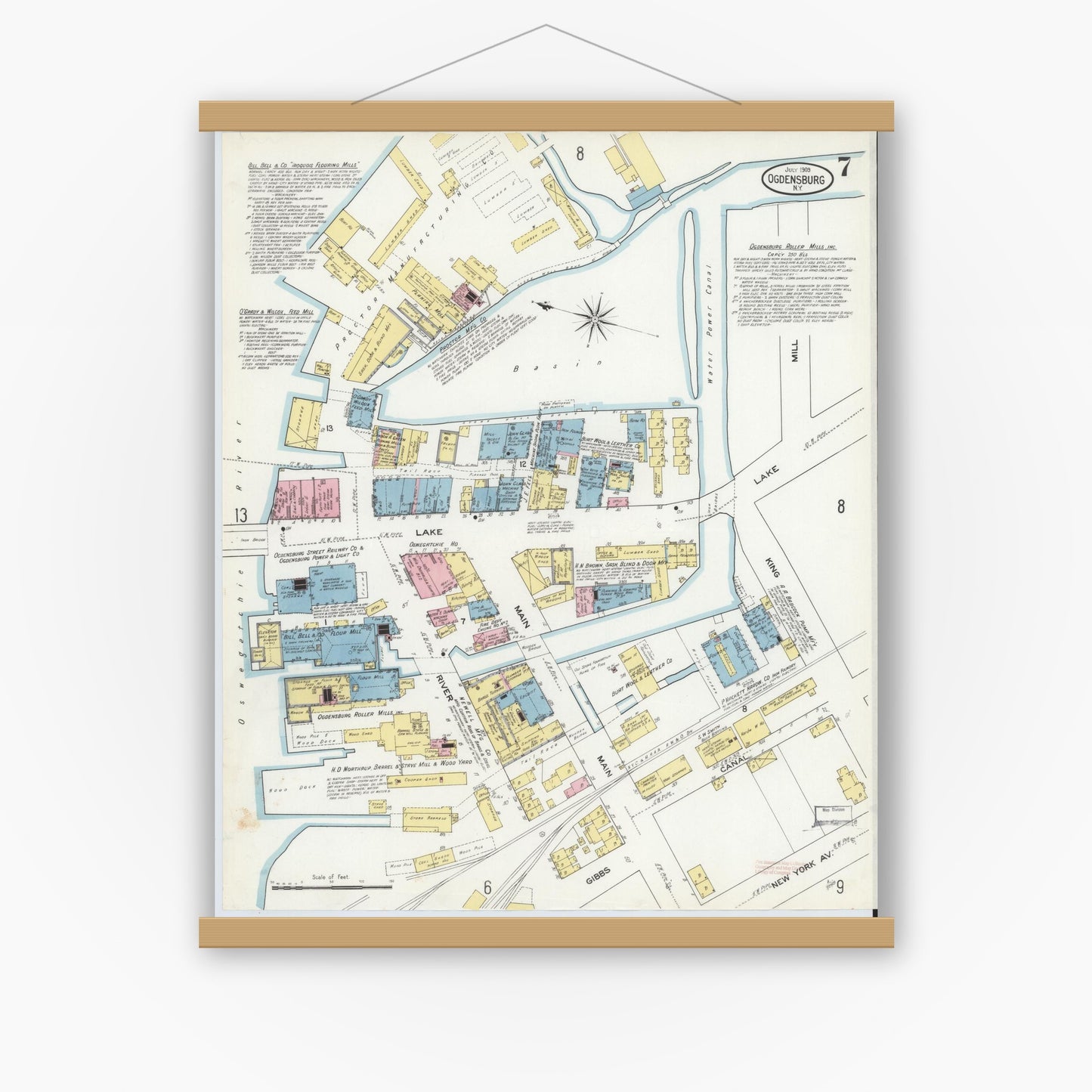 Old map wall art mockup — magnetic wood frame on white wall — Sanborn Fire Insurance Map from Ogdensburg, St. Lawrence County, New York (1909), Sheet #0007