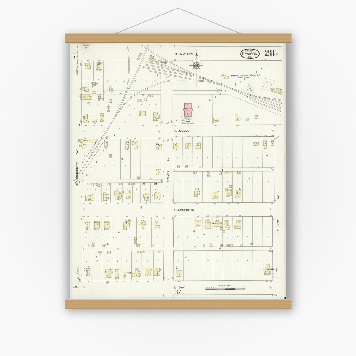 Old map wall art mockup — magnetic wood frame on white wall — Sanborn Fire Insurance Map from Denison, Grayson County, Texas (1914), Sheet #0028