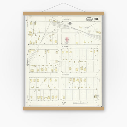 Old map wall art mockup — magnetic wood frame on white wall — Sanborn Fire Insurance Map from Denison, Grayson County, Texas (1914), Sheet #0028