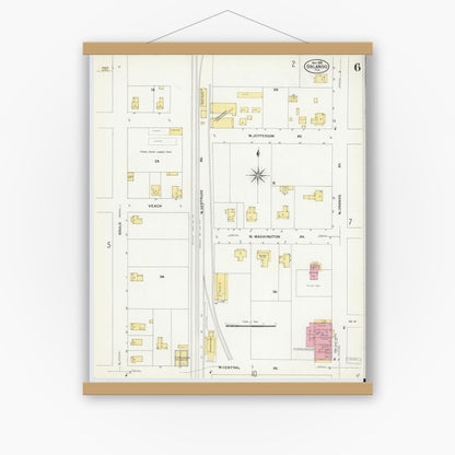 Old map wall art mockup — magnetic wood frame on white wall — Sanborn Fire Insurance Map from Orlando, Orange County, Florida (1908), Sheet #0006