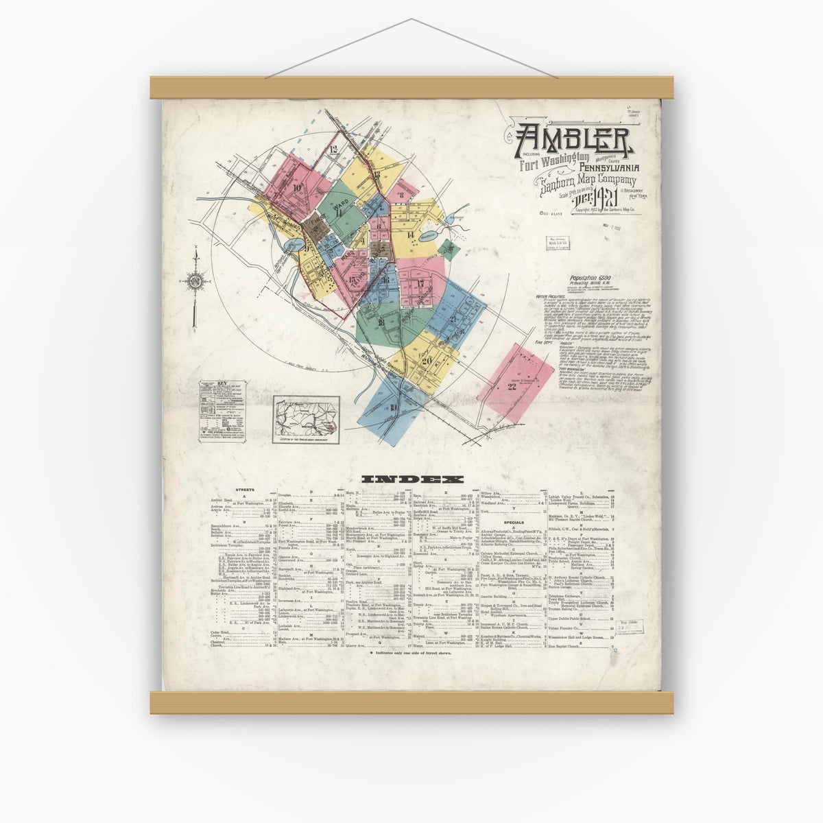 Old map wall art mockup — magnetic wood frame on white wall — Sanborn Fire Insurance Map from Ambler, Montgomery County, Pennsylvania (1921), Sheet #0001