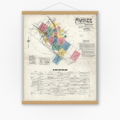 Old map wall art mockup — magnetic wood frame on white wall — Sanborn Fire Insurance Map from Ambler, Montgomery County, Pennsylvania (1921), Sheet #0001